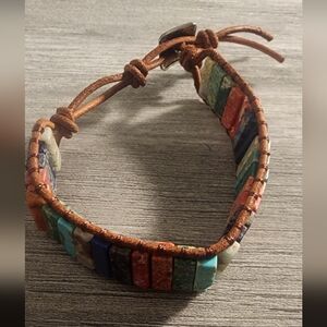 Multicolor Jade Stone Bracelet with Leather‎ Cord, 7 1/4".